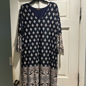 Renee C. Navy and White Long Sleeve Dress